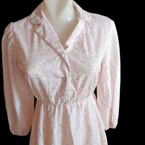 Vintage Women's Boho Dress S/M Jonis Pink Floral Long Sleeve USA 1970's Cottage